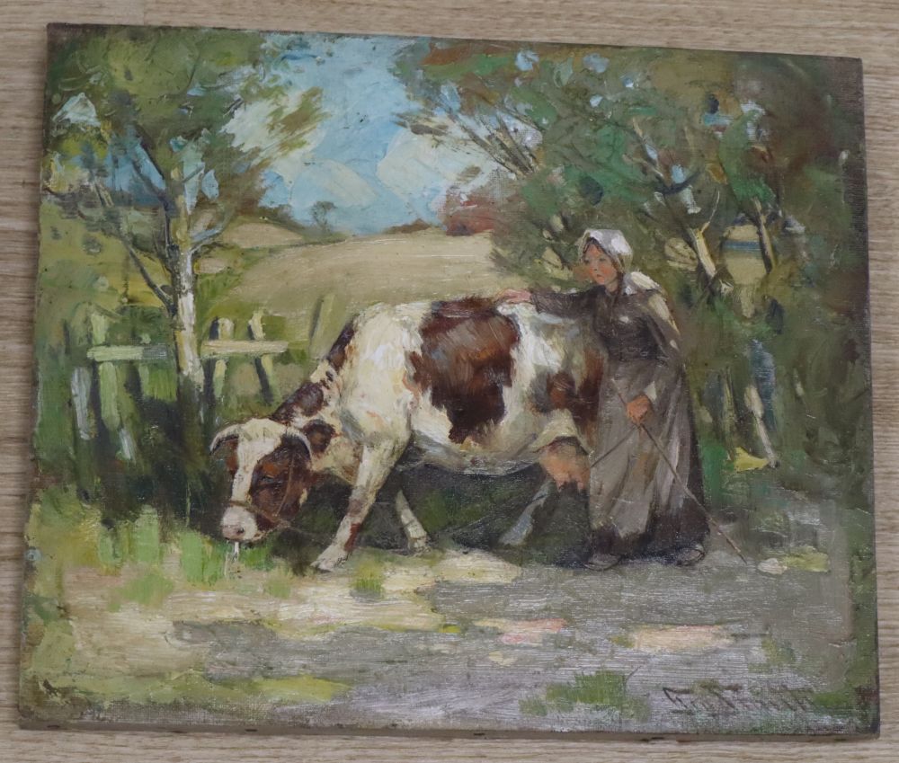 George Smith, oil on canvas, Cow and dairy maid on a lane, signed, 25.5 x 30cm, unframed